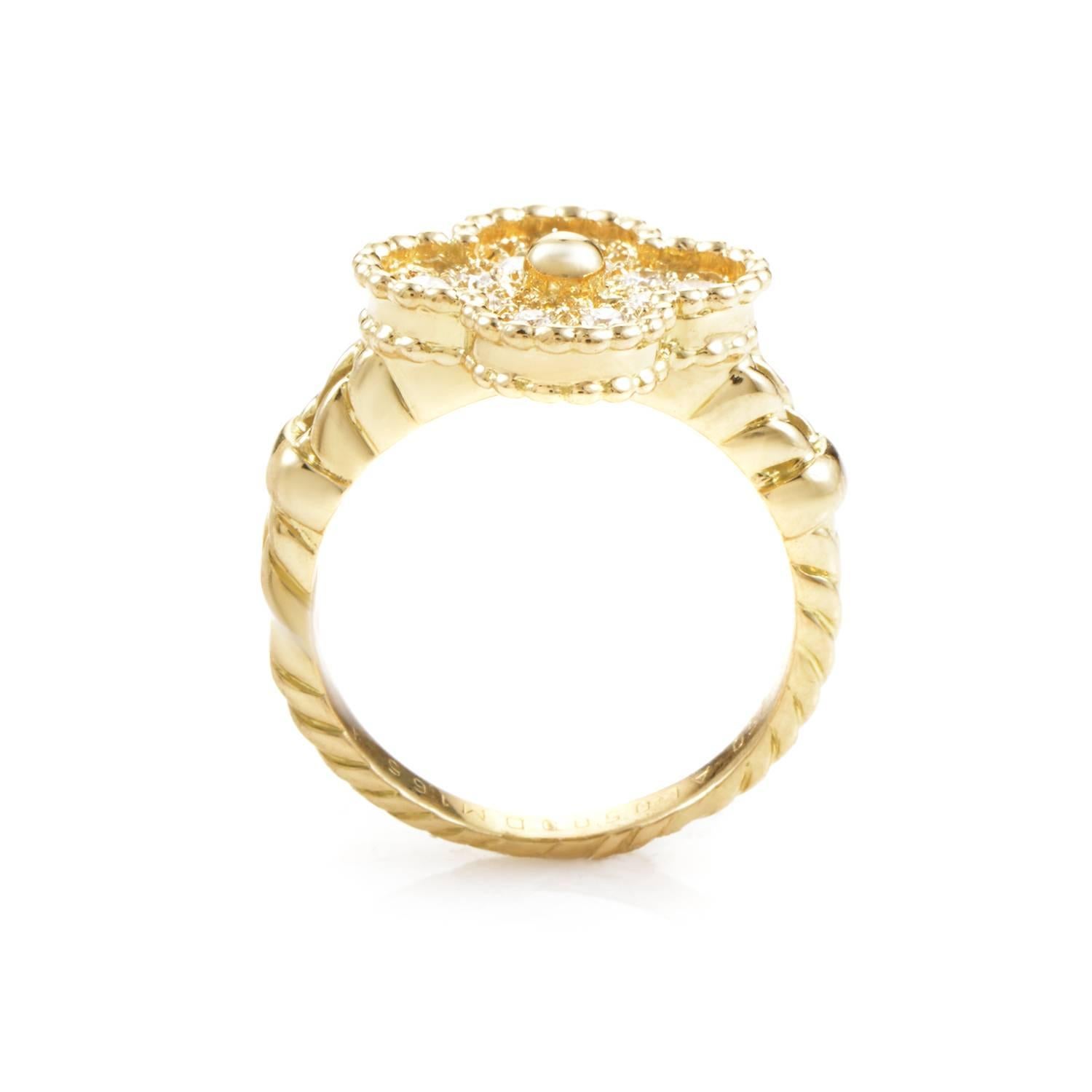 The Vintage Alhambra collection from Van Cleef & Arpels is an absolute delight! This ring from the collection is made of 18K yellow gold and is paved with white diamonds.
Included Items: Manufacturer's Box
Ring Size: 5.0
Diamond Carat Weight: 0.32