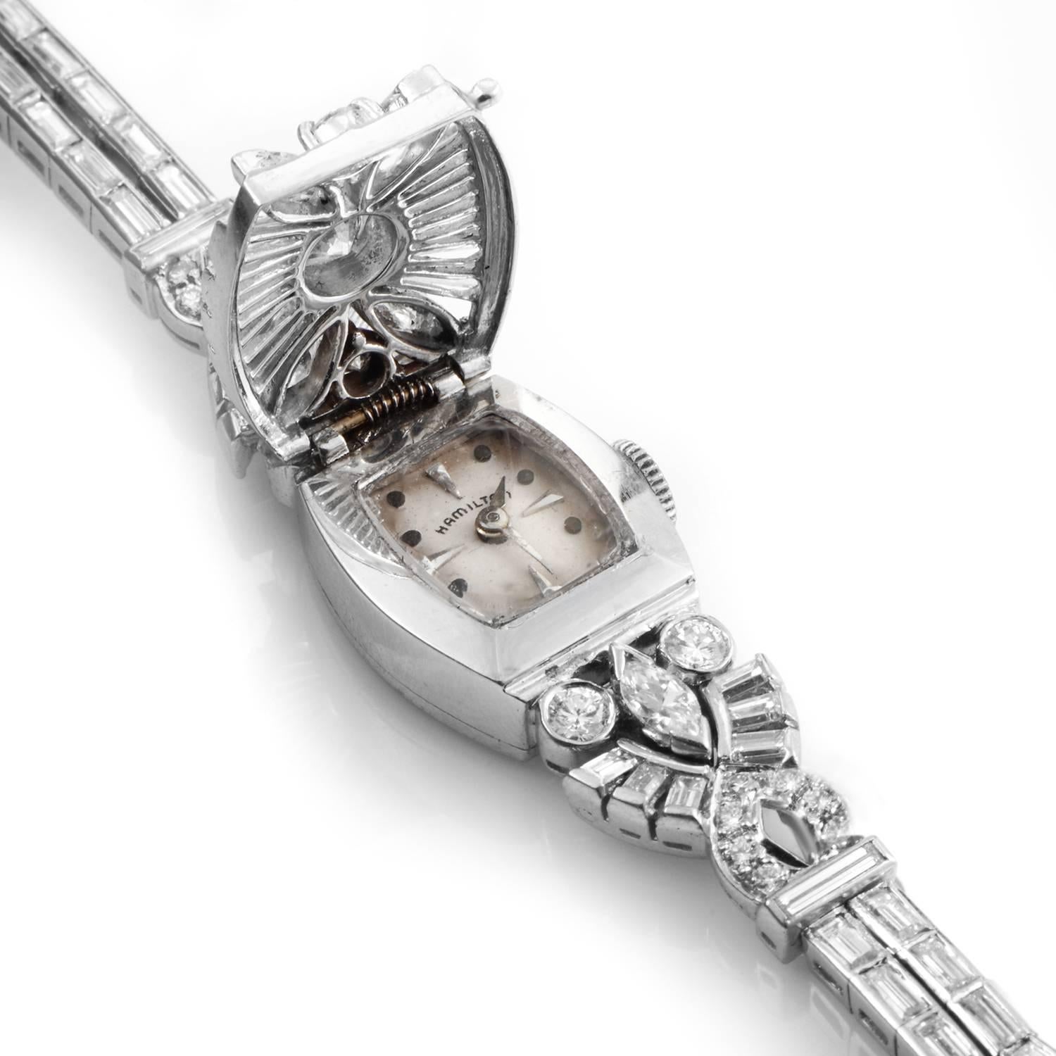Hamilton Lady's Platinum Diamond Bracelet Wristwatch In Excellent Condition In Southampton, PA