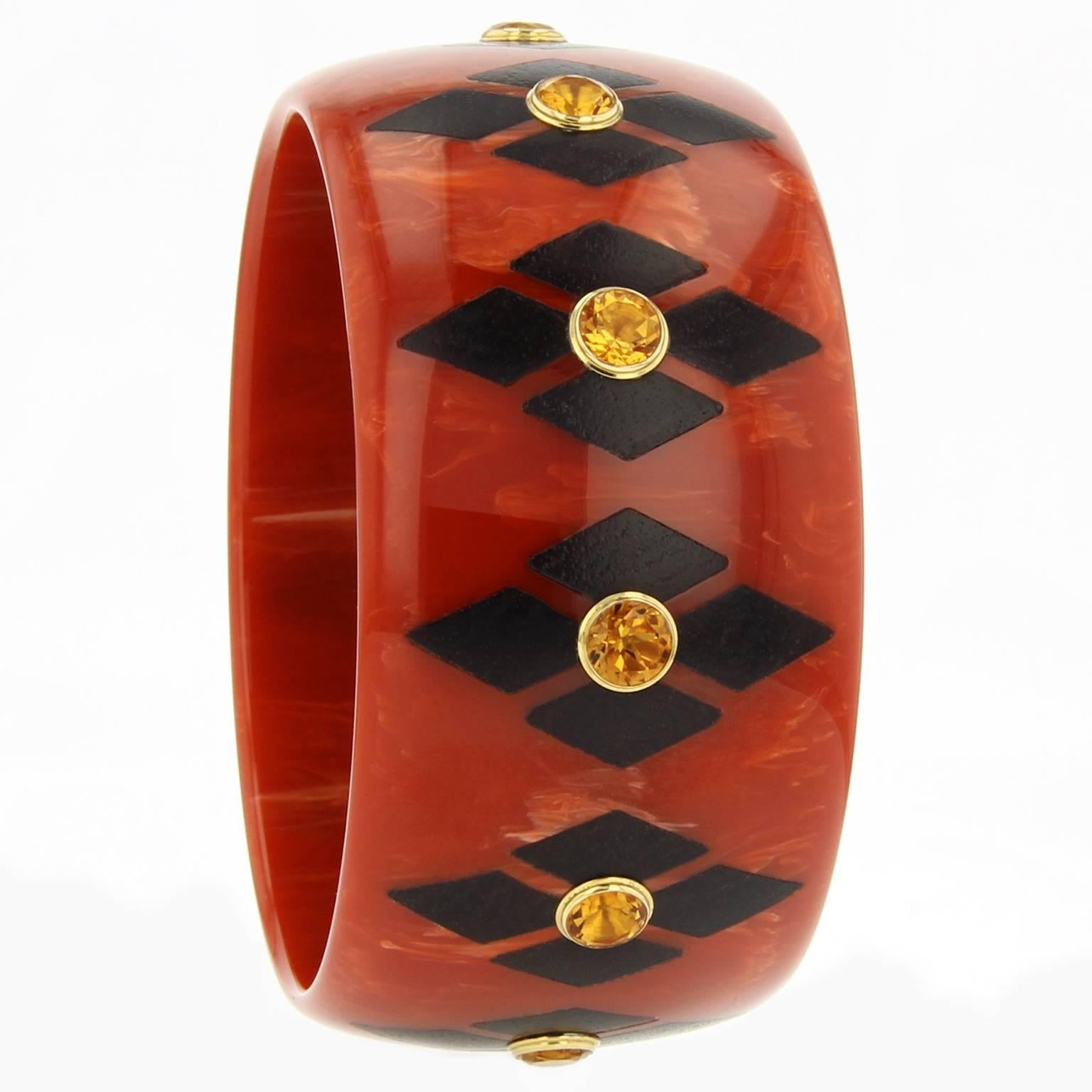 Mark Davis Bakelite African Blackwood Citrine Yellow Gold Bangle For Sale