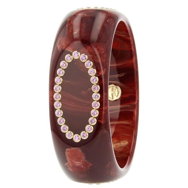 Mark Davis Bakelite Pink Sapphire Yellow Gold Bangle Bracelet For Sale