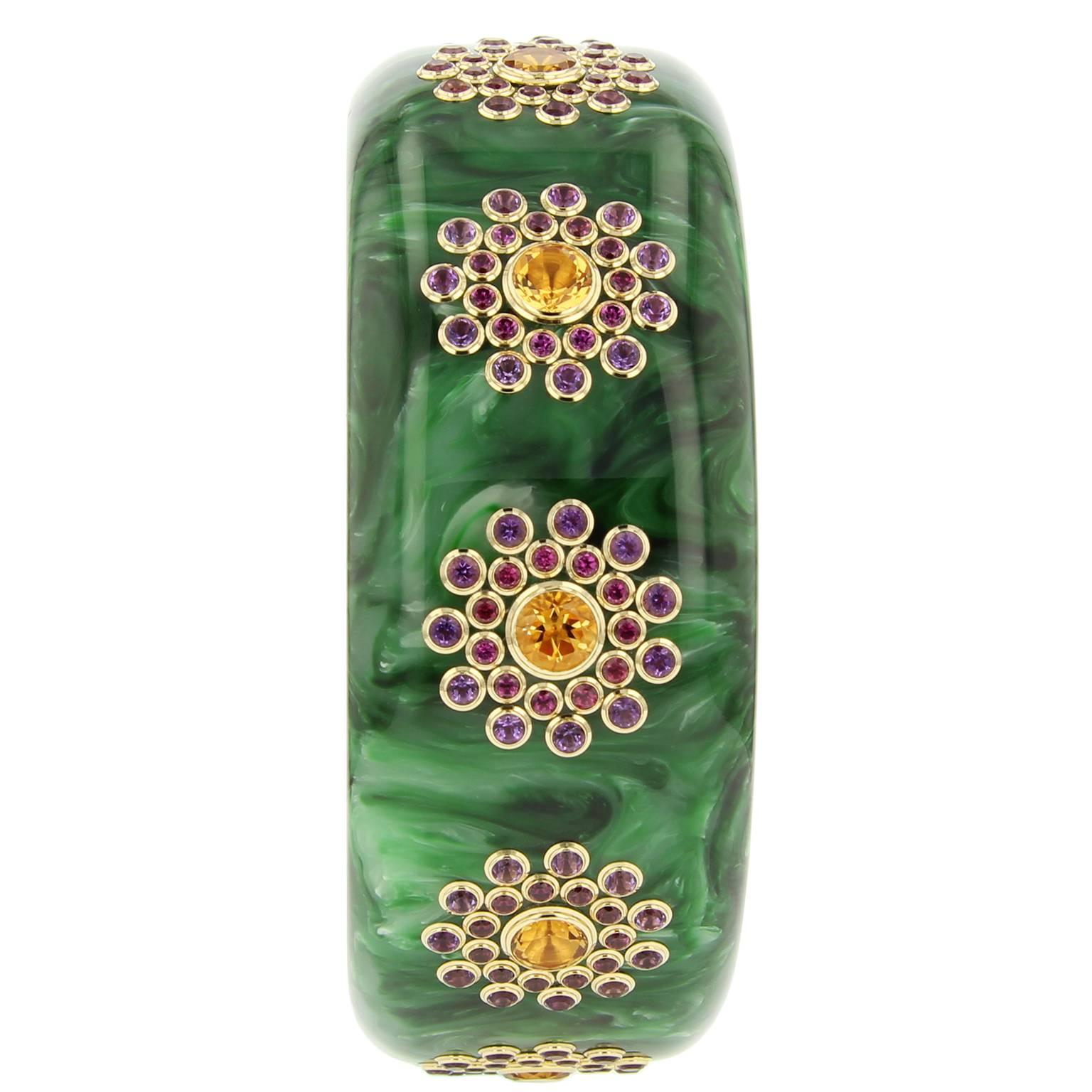 This stunning Mark Davis bangle was handcrafted of vintage marbled green bakelite. Detailed with precise clusters of amethyst, rhodolite garnet and large citrine bezel-set in 18k yellow gold. 

Full details below: 
• From the Mark Davis Bakelite