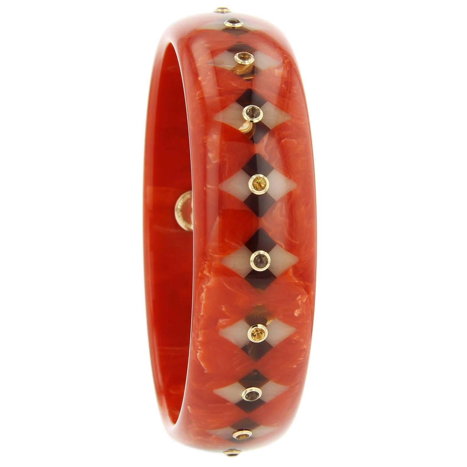 Mark Davis Bakelite Citrine Smoky Quartz Yellow Gold Bangle For Sale