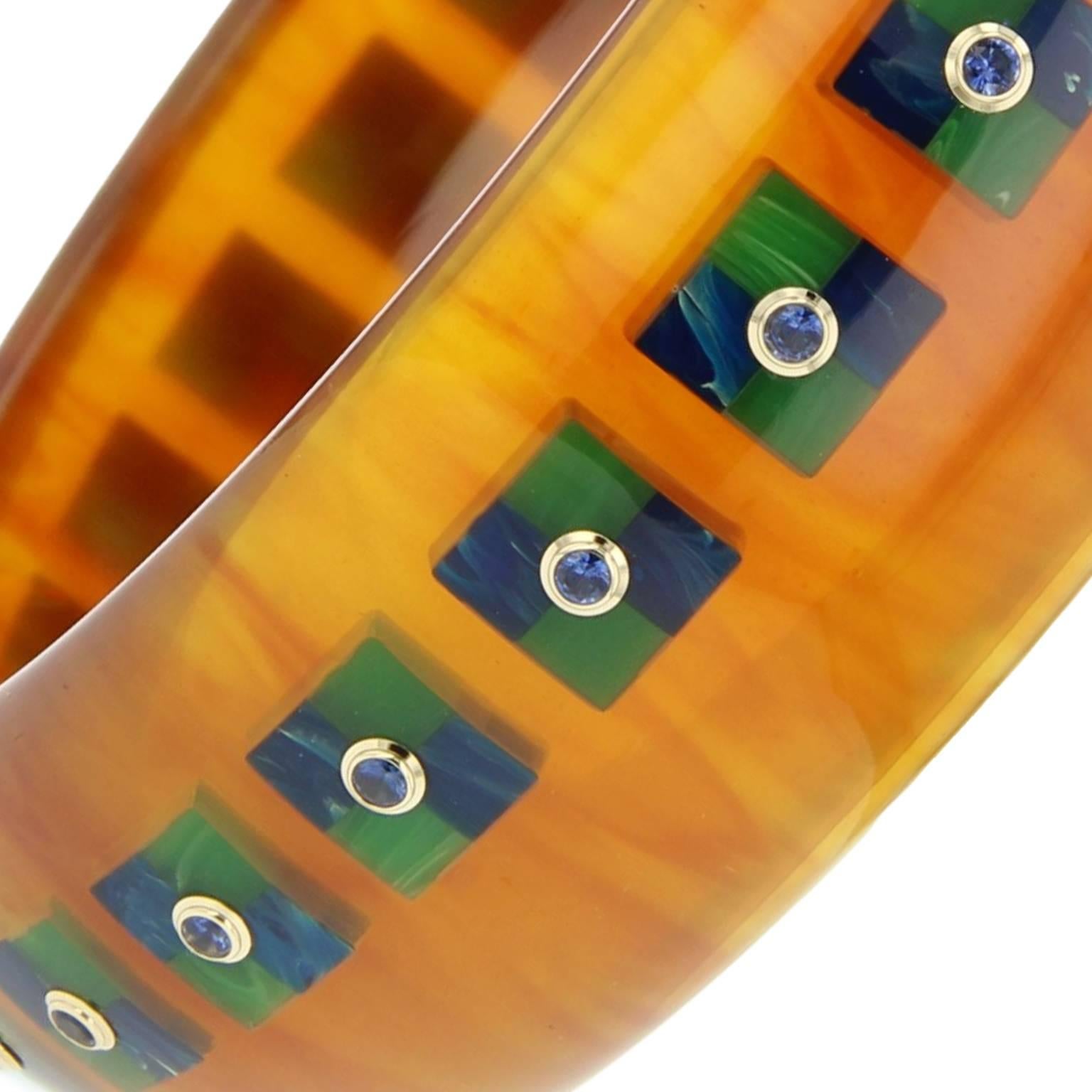 Mark Davis Bakelite Blue Yellow Gold Bangle In New Condition For Sale In Beaufort, SC