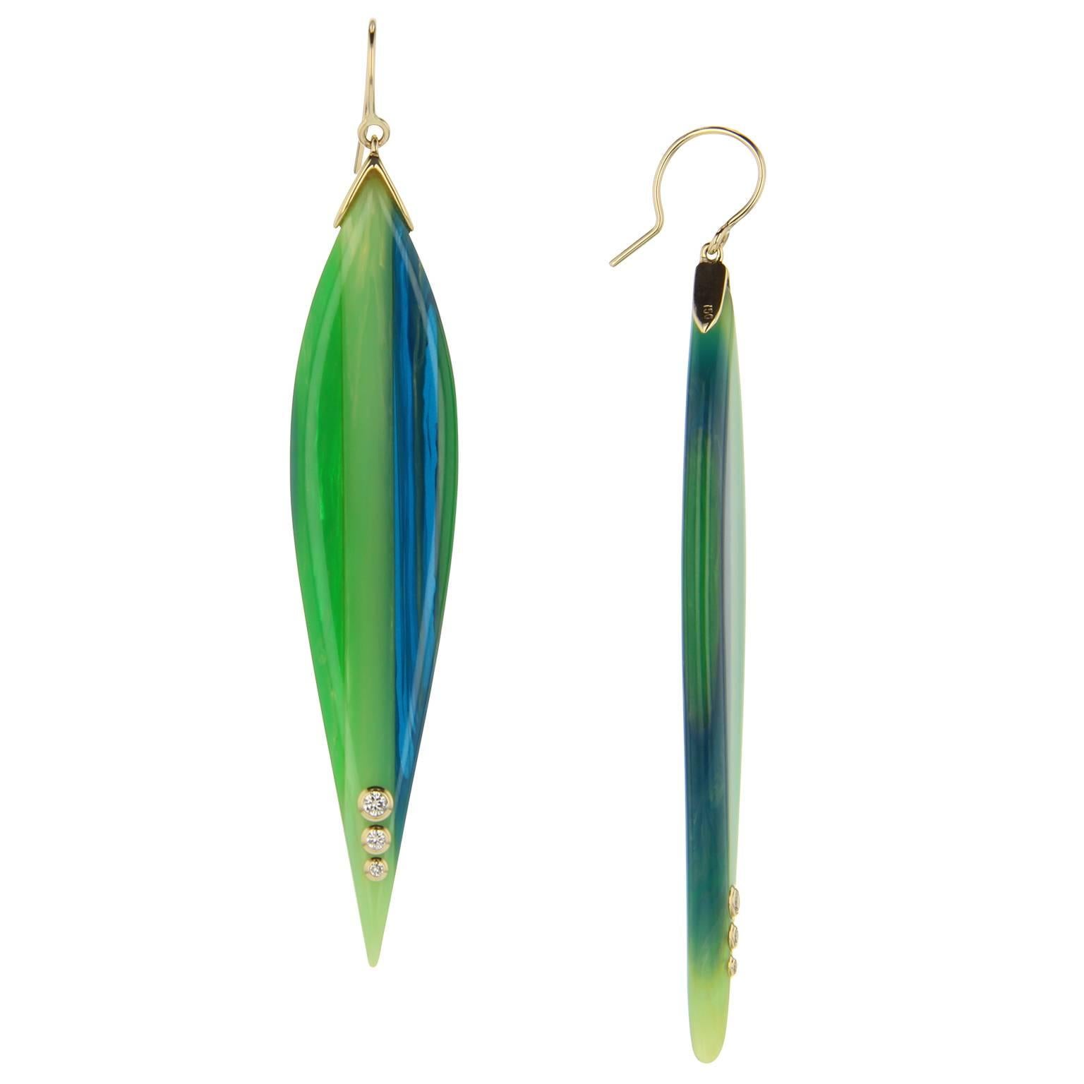 These Mark Davis elongated and inverted teardrop earrings are handcrafted using laminated green and blue vintage bakelite.  Tipped at the bottom with a row of graduated fine diamonds bezel-set in 18k yellow. They are exceptionally light on the ear