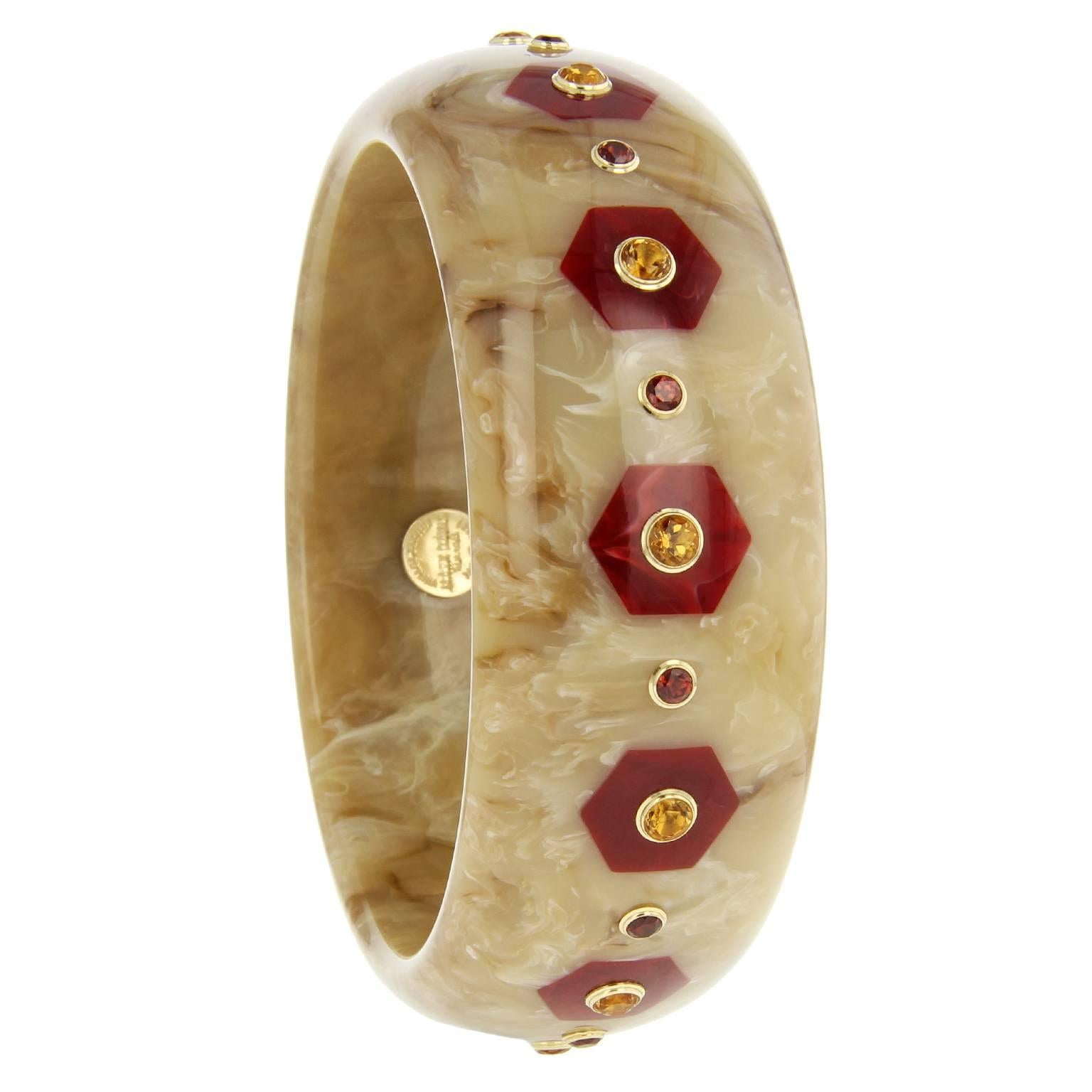 Mark Davis Bakelite Citrine Mozambique Garnet Yellow Gold Bangle