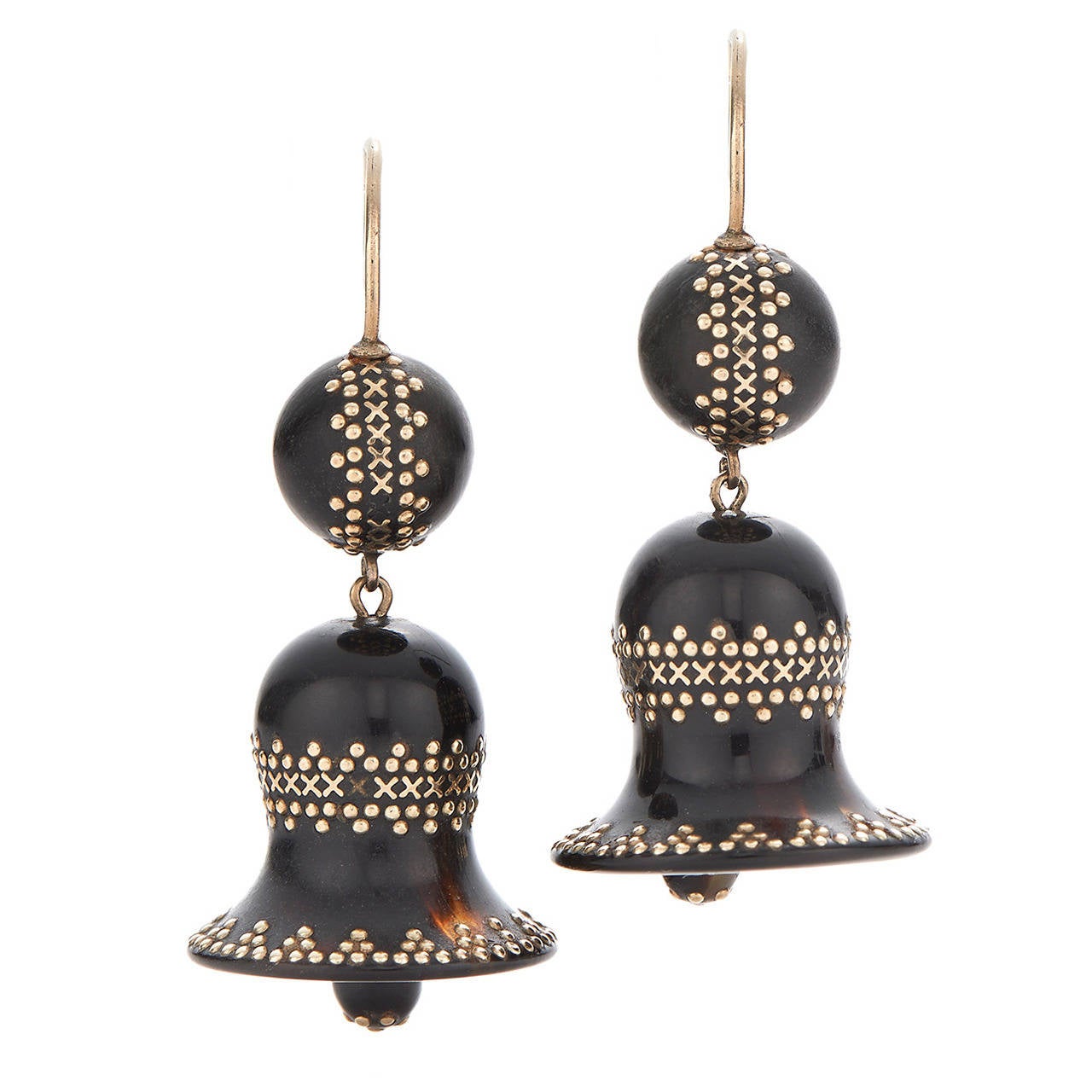 Antique Tortoiseshell Pique Bell Pendant Earrings For Sale