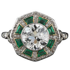 Art Deco Old European Cut Diamond Emerald Ring
