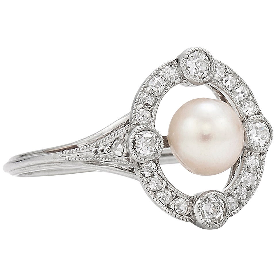Edwardian Pearl Diamond Target Platinum Ring