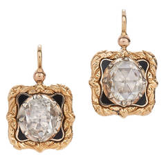 1850s Enamel Rose Cut Diamond Gold Drop Earrings