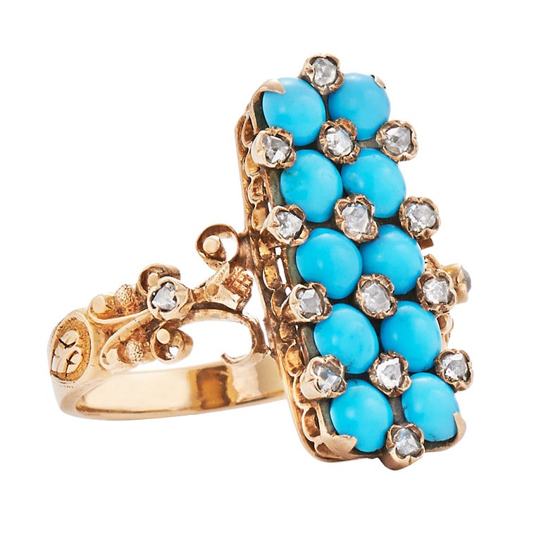 Victorian Turquoise Diamond Gold Cocktail Ring
