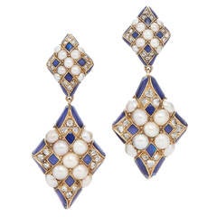 Antique Blue Enamel Pearl Diamond Gold Crosshatch Pendant Earrings