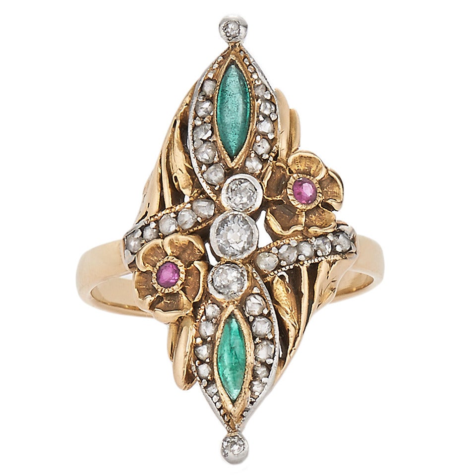 Art Nouveau Emerald Ruby Diamond Gold Platinum Flower Motif Ring