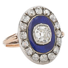 Victorian Blue Enamel Old Mine Diamond Silver Gold Ring 12