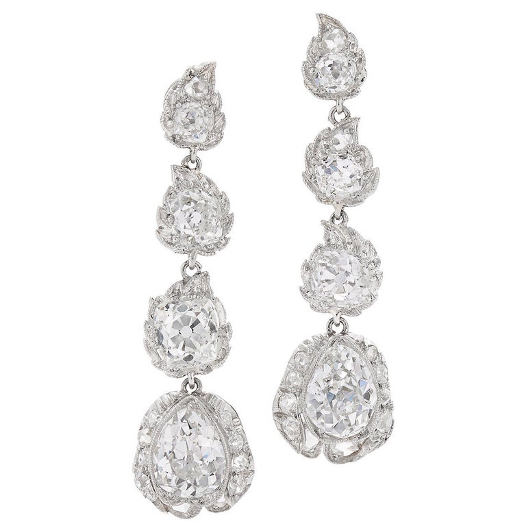 Edwardian Diamond Platinum Stylized Flower Bud Pendant Earrings For ...