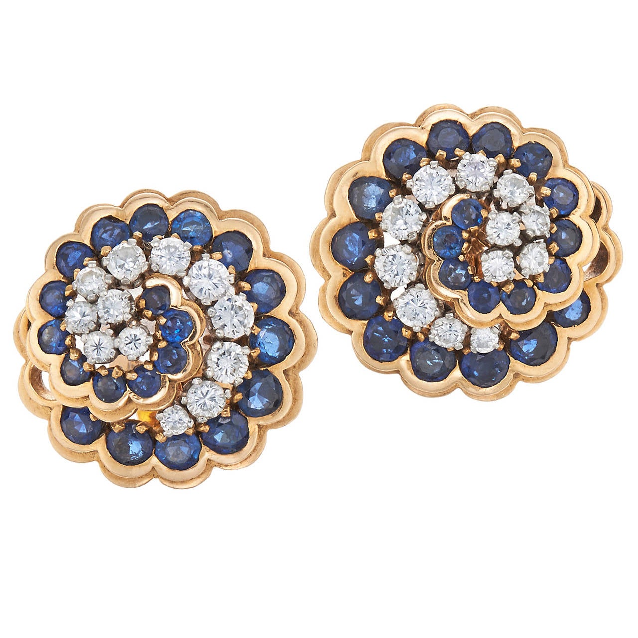 Retro Van Cleef & Arpels Paris Sapphire Diamond Gold Platinum Swirl Earrings For Sale