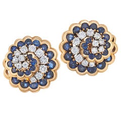 Retro Van Cleef & Arpels Paris Sapphire Diamond Gold Platinum Swirl Earrings 9