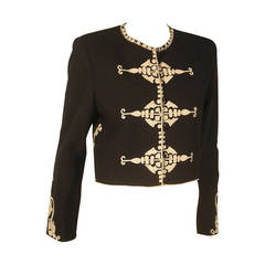 1980s Mary McFadden Couture Black Bolero Jacket with White Embroidery