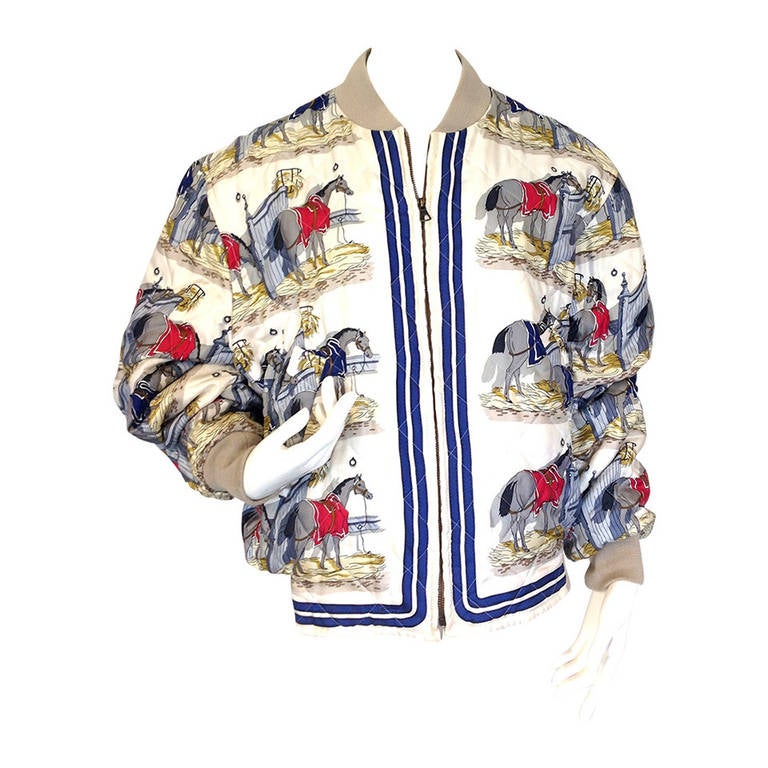 Vintage Hermès Equestrian Quilted Bomber Jacket For Sale