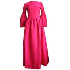 60's PIERRE CARDIN fuchsia taffeta gown with pleated bodice & bell sleeves