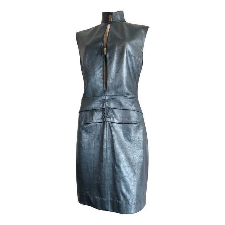 1990s YVES SAINT LAURENT Gunmetal leather dress For Sale