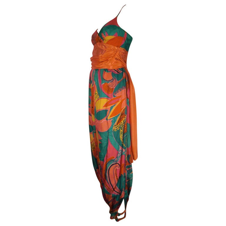 1970s Vivid Patterned Harem Silk Jumpsuit with Waist Sash