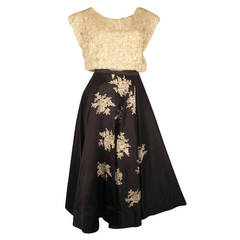1950s Yma Sumac Estate Couture Lace Blouse and Satin Skirt with Floral Applique