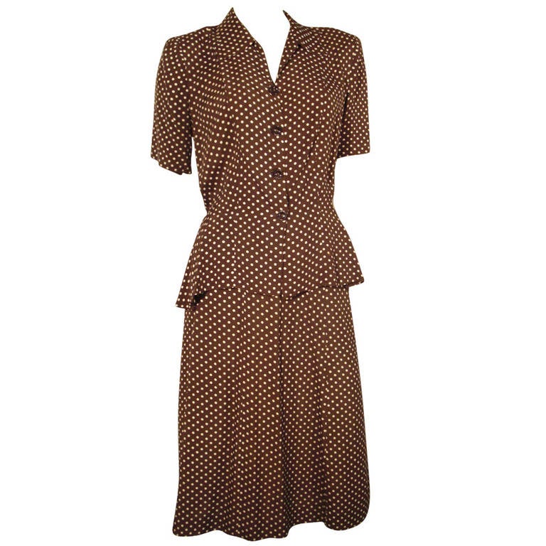1940s 2-Piece Rayon Brown and White Polka Dot  Day Suit