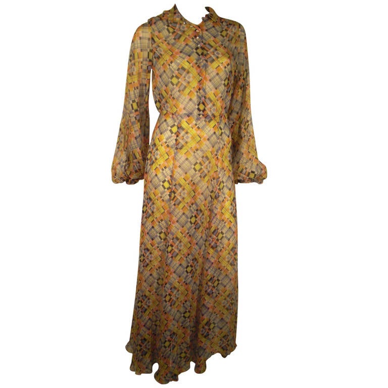 1930s Whimsical Plaid Print Silk Chiffon Gown