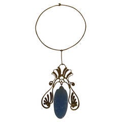 1970s Hammered Brass and Blue Glass Art Nouveau Styled Pendant