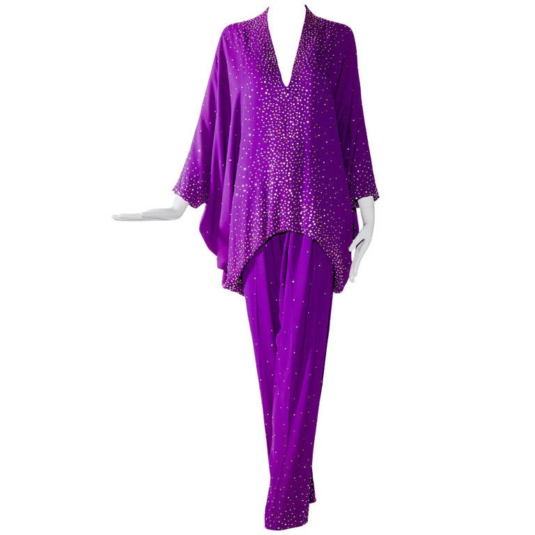 Vintage HALSTON Royal Purple Studded Batwing Blouse and Pant set