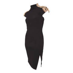 Alberta Ferretti Black Silk Body Hugging Dress W/Beaded Shoulders & Slit