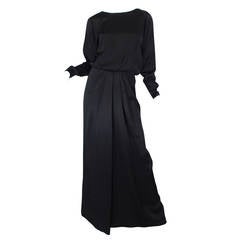 1970s Matte Black Silk Satin Adolfo Gown