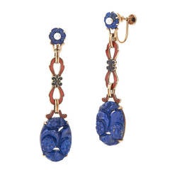 Antique Art Deco Carved Lapis Lazuli Enamel Pendant Earrings