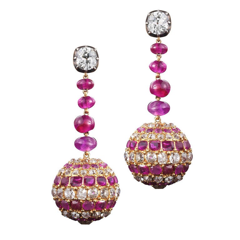 Ruby and diamond pendant earrings, 1880