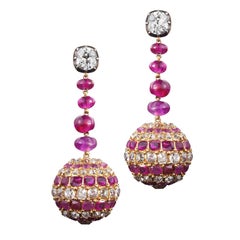 19th Century Ruby Diamond Pendant Earrings