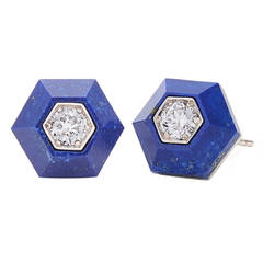 Fred Leighton Lapis and Diamond Hexagonal Stud Earrings