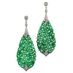 Fred Leighton Carved Jade and Diamond Foliate Pendant Earrings