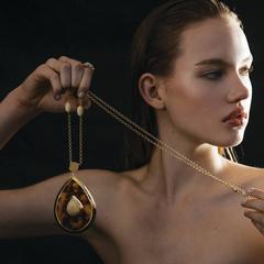 CdG Style Unique Gold Necklace Carved Faux Turtle Nut Ivory