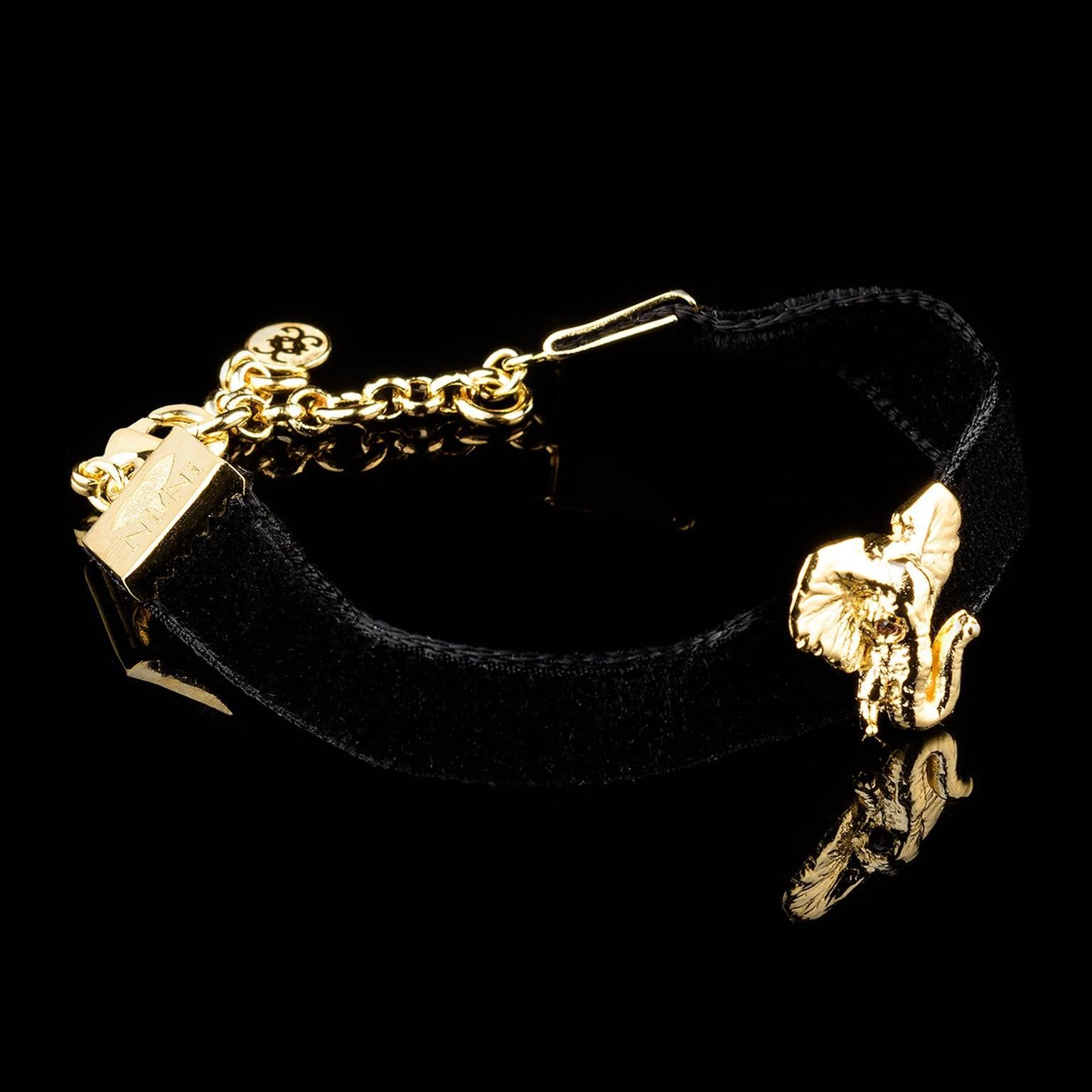 Contemporary CdG Unique Style Diamond Gold Velvet Bracelet with Elephant Head Nut Ivory For Sale