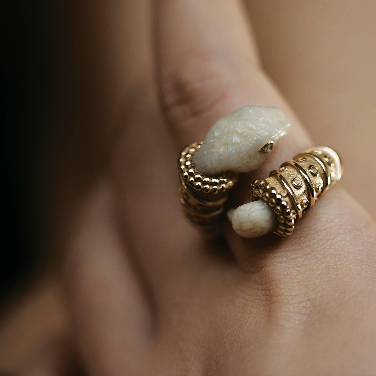 Modern Couleurs de Geraldine Diamond Gold Snake Ring Nut Ivory Tagua For Sale