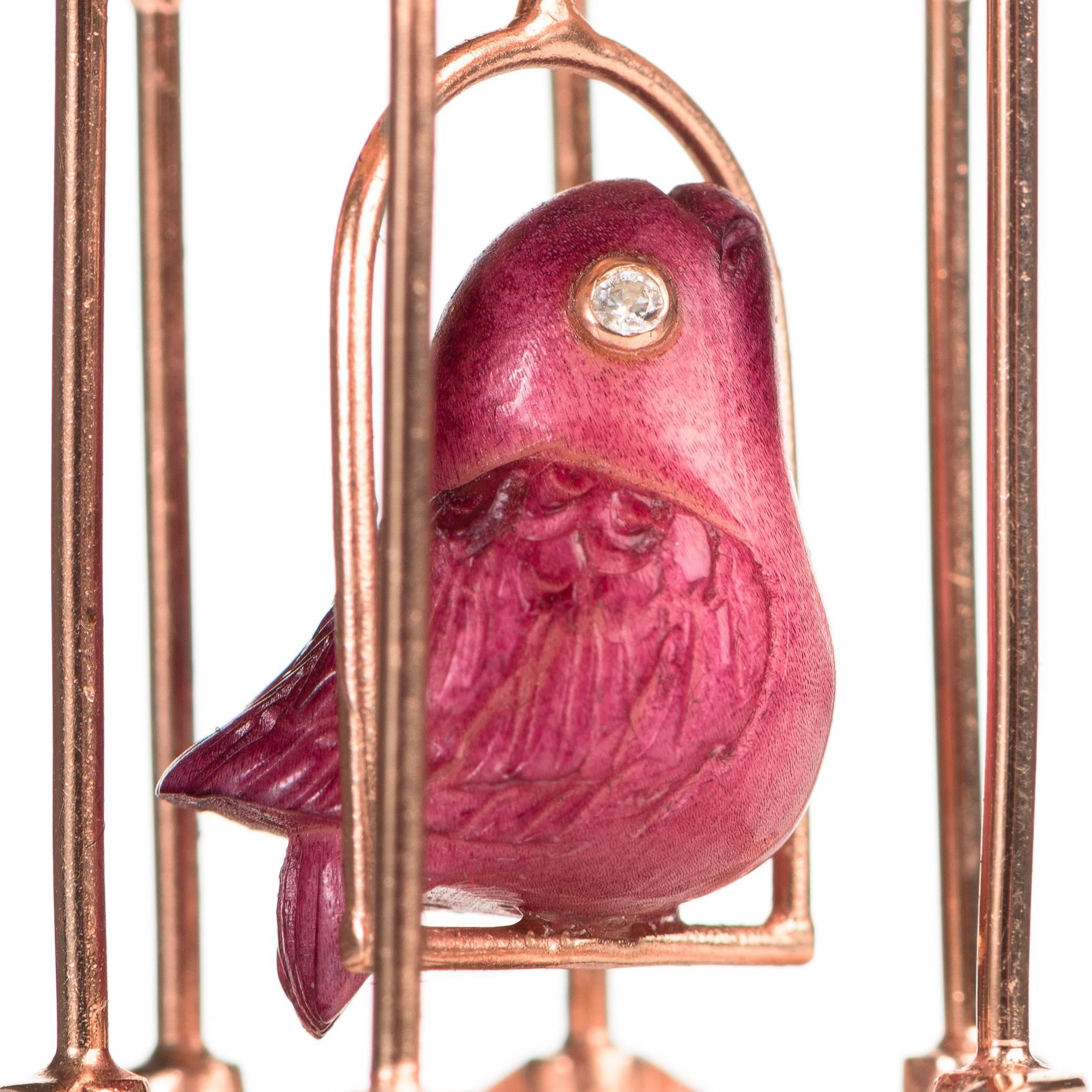 Contemporary Couleurs de Geraldine Diamond Gold Birdcage Earrings Carved Red Nut Ivory  For Sale