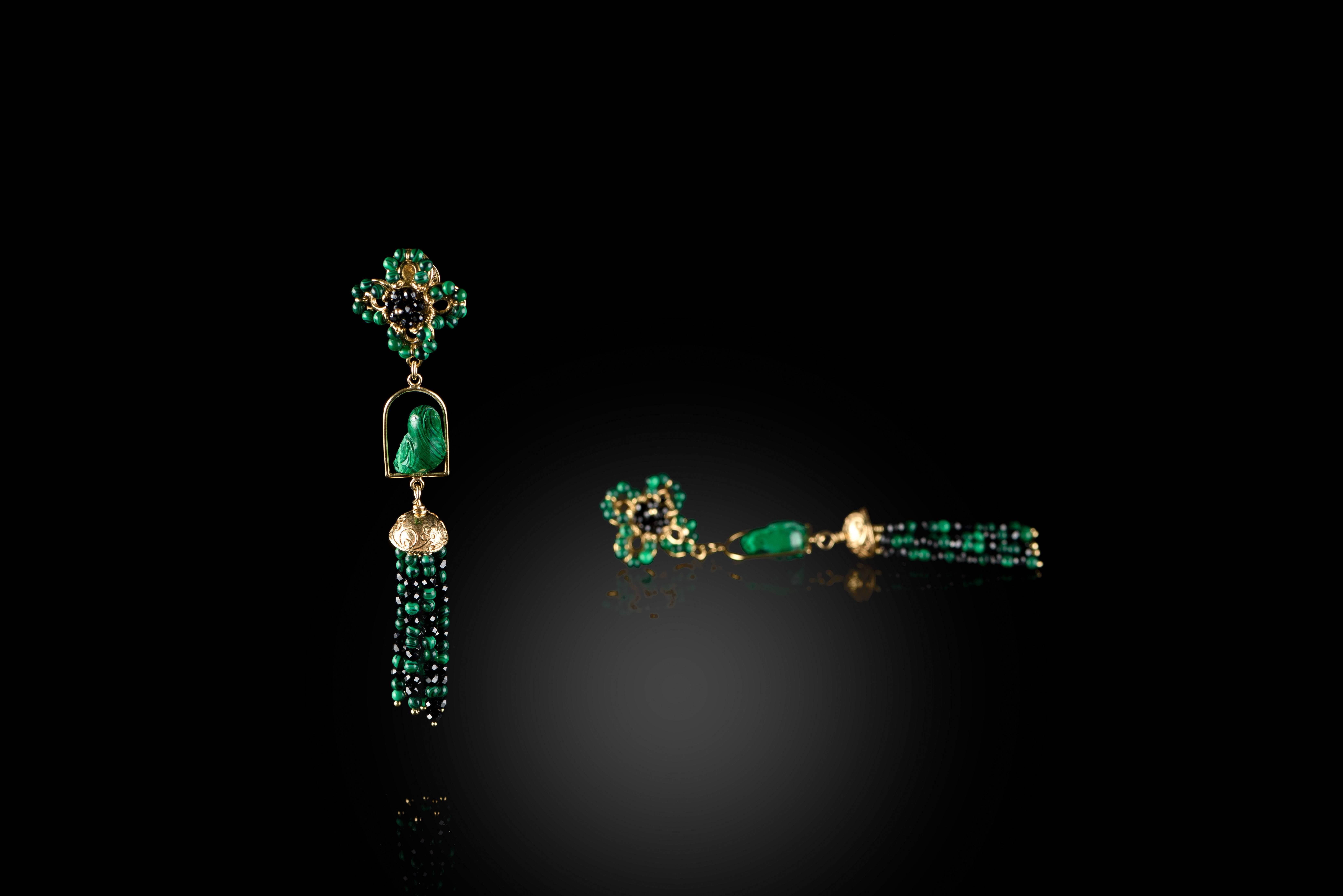 Contemporary Couleurs de Géraldine Gold Diamond Bird Earrings Green Malachite Made in Italy For Sale