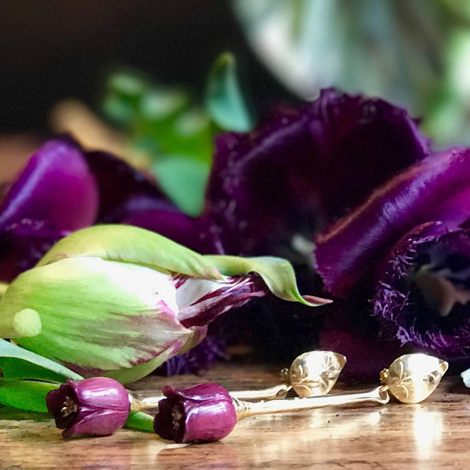 Couleurs de Géraldine Diamond Gold Ruby Tulip Dangle Earrings.  For Sale 2