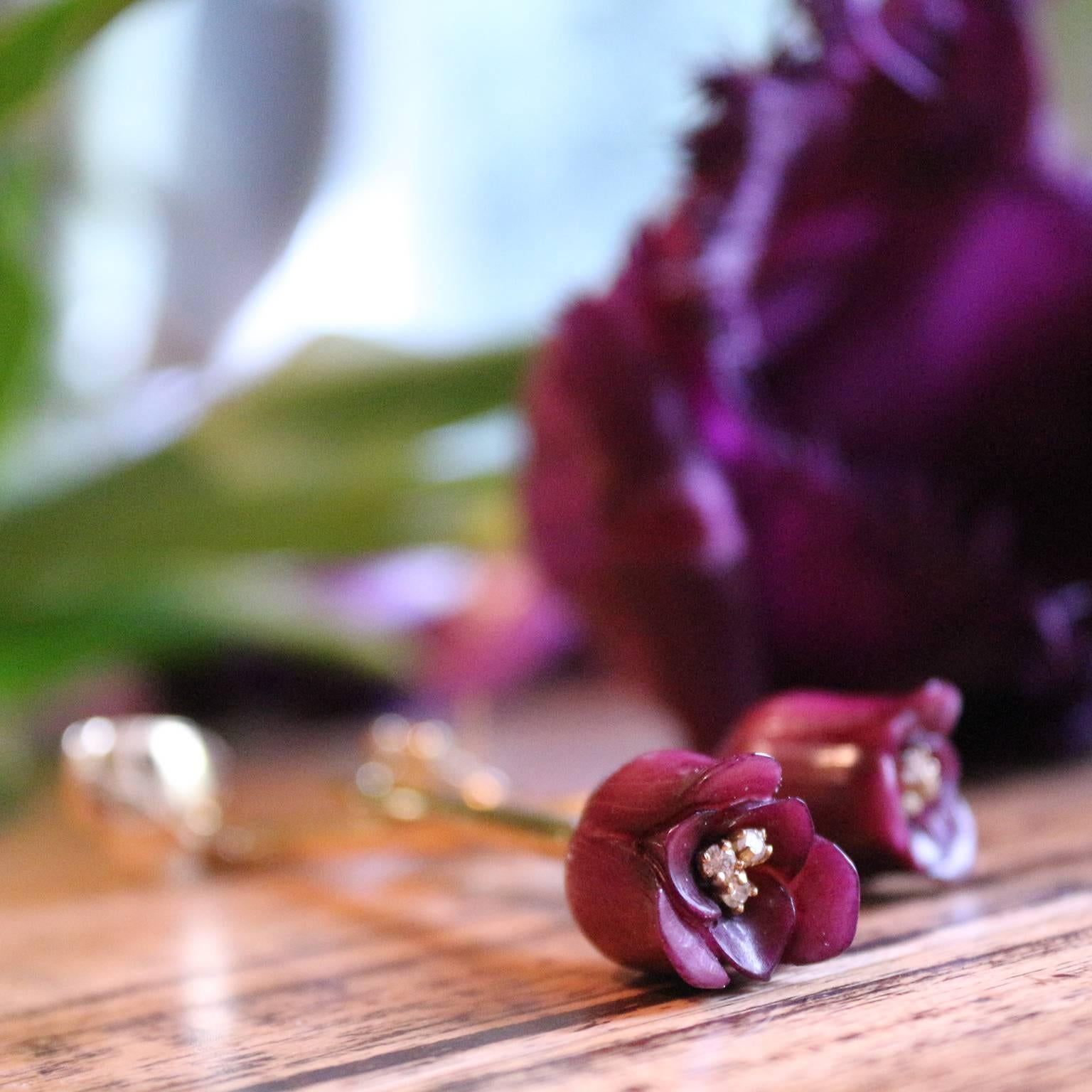 Couleurs de Géraldine Diamond Gold Ruby Tulip Dangle Earrings.  For Sale 3