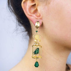 18k Yellow Gold Diamond Emerald Malachite Bird Cage Dangle Drop Earrings