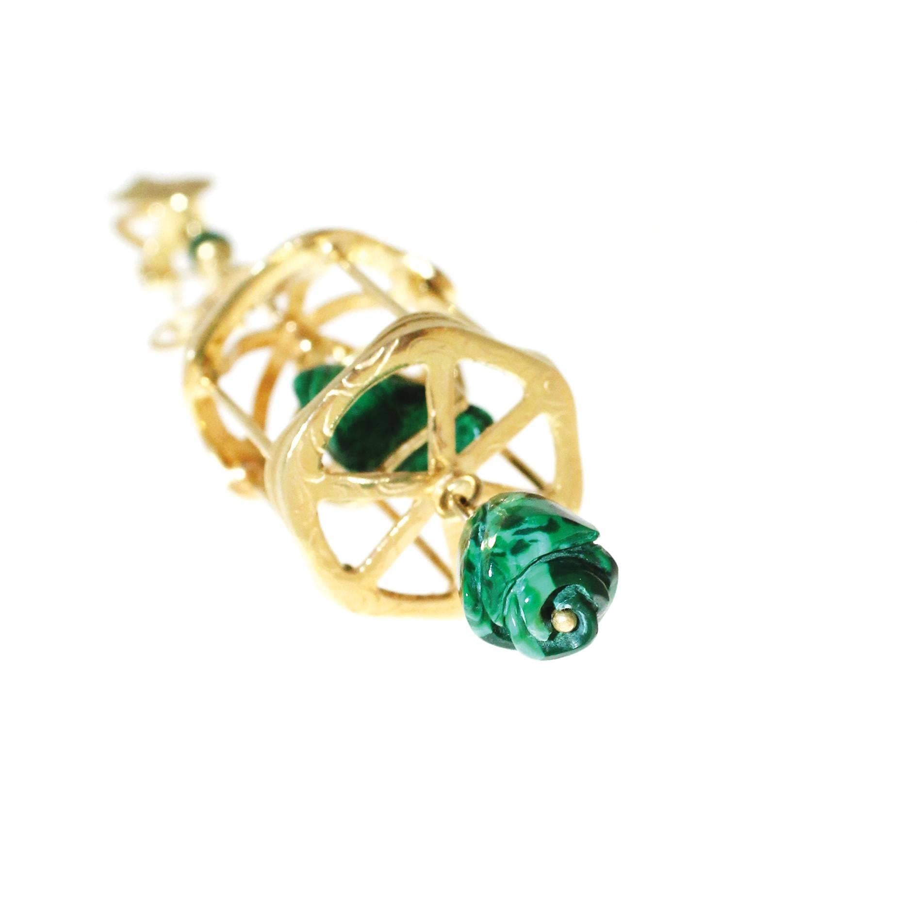 Contemporary  18k Yellow Gold Diamond Emerald Malachite Bird Cage Dangle Drop Earrings For Sale