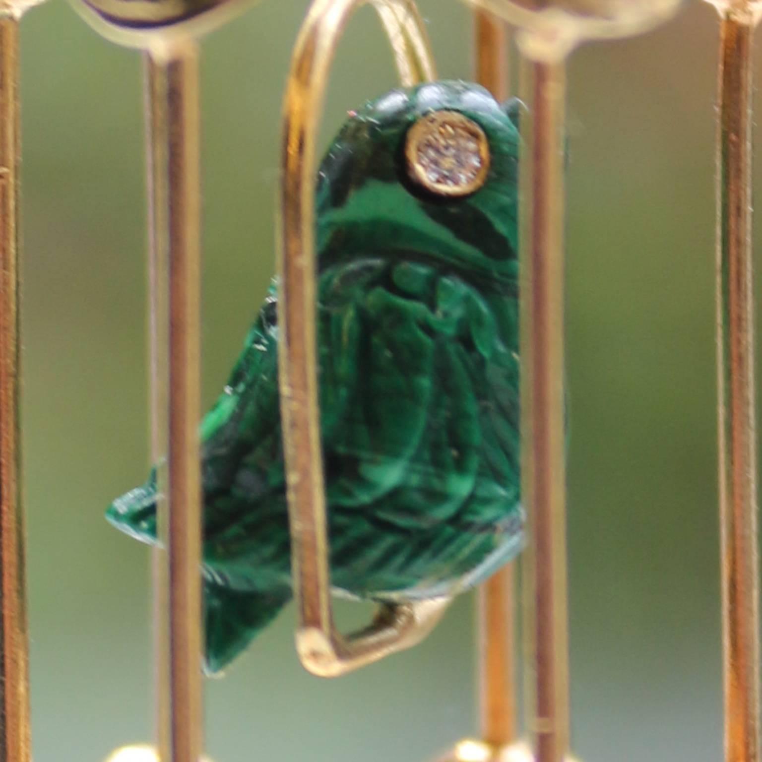  18k Yellow Gold Diamond Emerald Malachite Bird Cage Dangle Drop Earrings For Sale 3