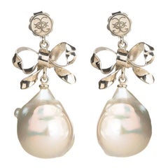 White Gold Bow Baroque Pearl Dangle Drop Earrings