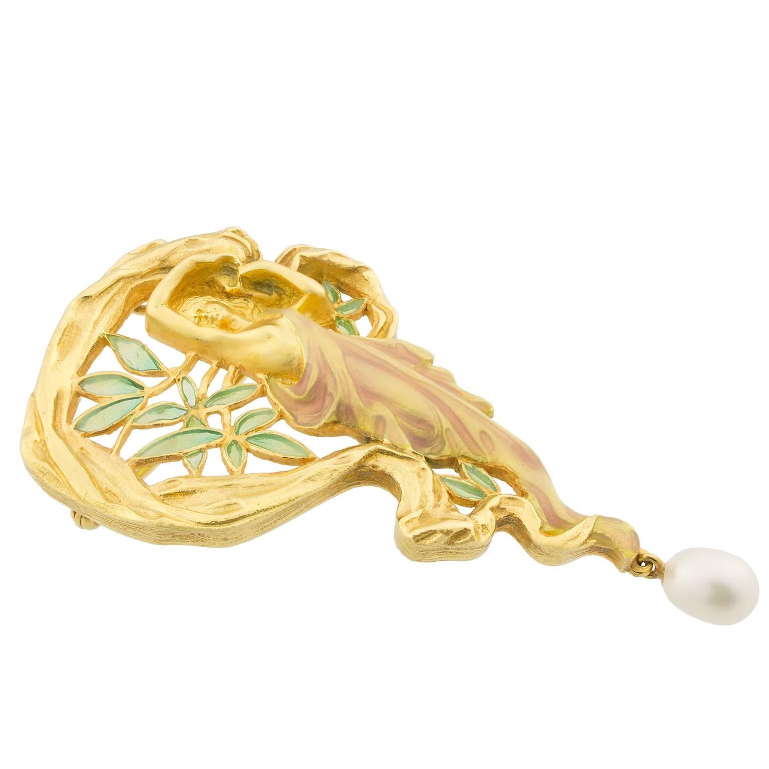 Brooch-pendant in gold, enamel and plique-à-jour with a cultured pearl by Masriera.