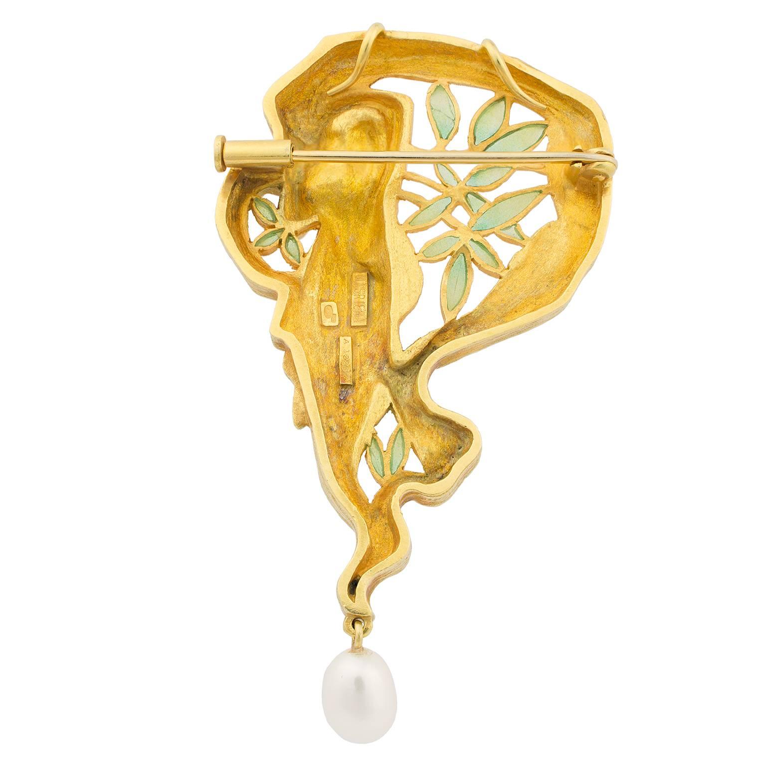 Art Nouveau Masriera Enamel Pearl Gold Brooch Pendant